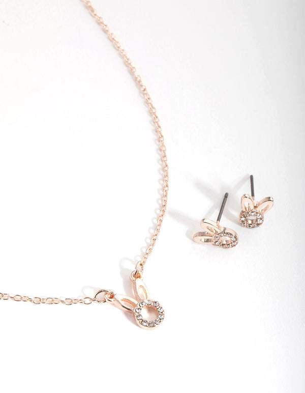 Kids Rose Gold Diamante Bunny Necklace & Earrings