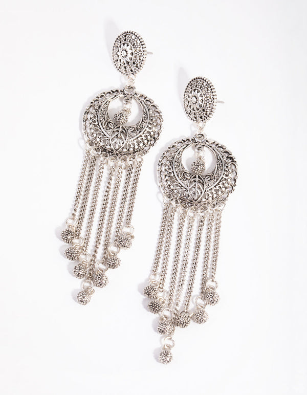 Antique Silver Engraved Chain Drop Earrings