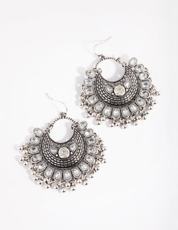 Antique Silver Diamante Drop Chandbali Earrings