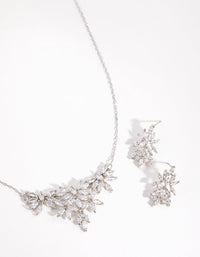 Rhodium Diamond Simulant Navette Flower Necklace & Earrings Set - link has visual effect only