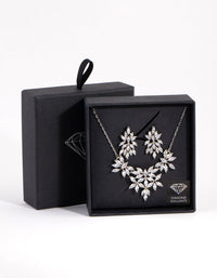 Rhodium Diamond Simulant Navette Flower Necklace & Earrings Set - link has visual effect only
