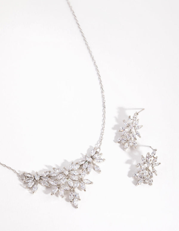 Rhodium Diamond Simulant Navette Flower Necklace & Earrings Set