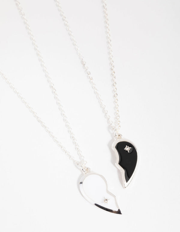 Silver Black & White Half Yin Yang Necklace Pack