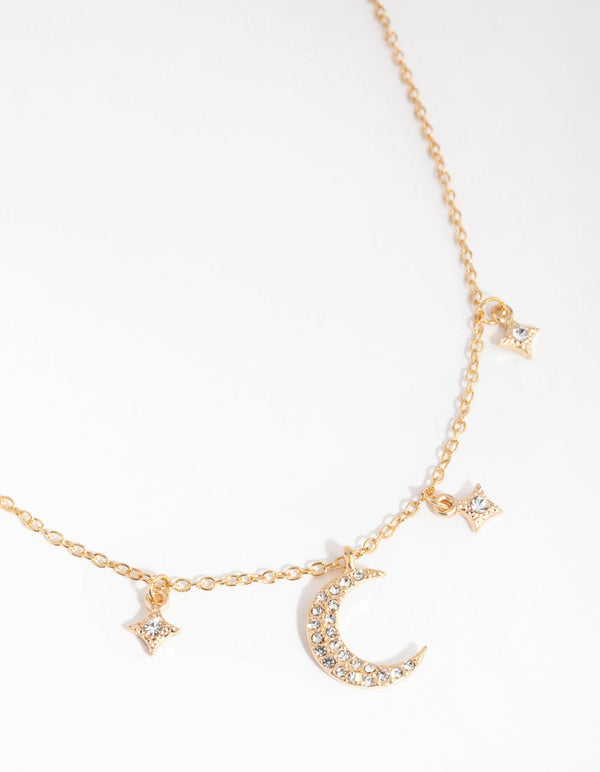 Gold Star & Moon Diamante Necklace