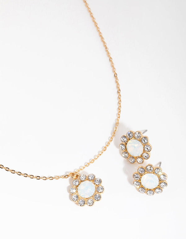 Gold Flower Stone Necklace & Earrings Set