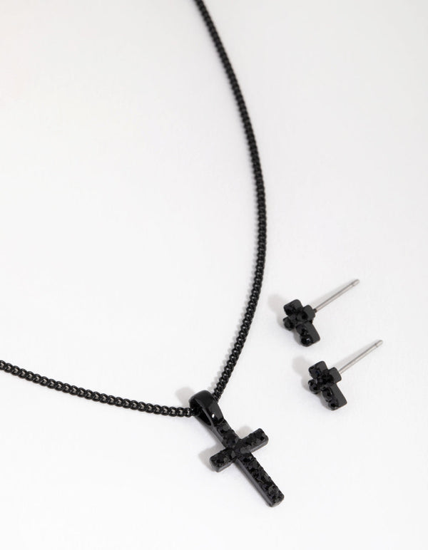 Black Diamante Cross Necklace & Earrings Set