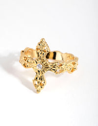 18ct Gold Plated Cubic Zirconia Detailed Cross Ring - link has visual effect only
