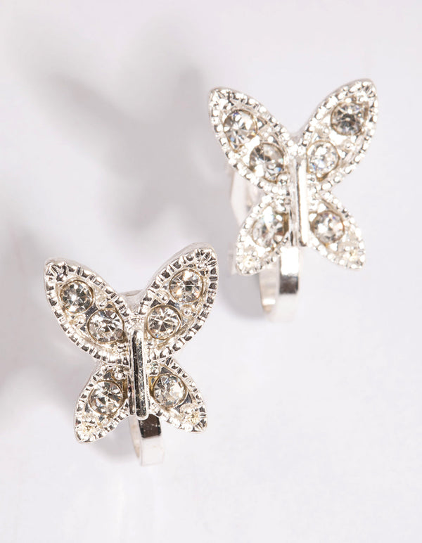 Silver Diamante Butterfly Clip On Earrings