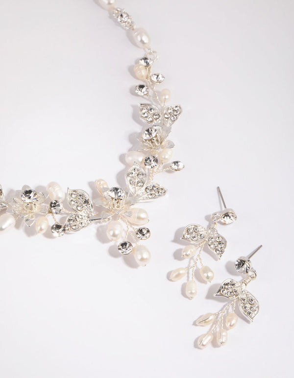 Silver Diamante & Pearl Wire Necklace & Earrings Set