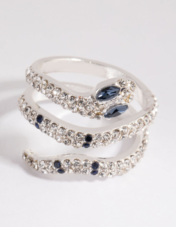 Silver Diamante Blue-Eyed Snake Ring