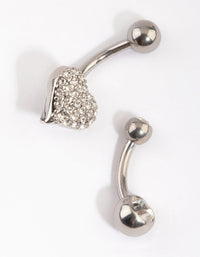 Rhodium Heart & Diamante Belly Ring Set - link has visual effect only