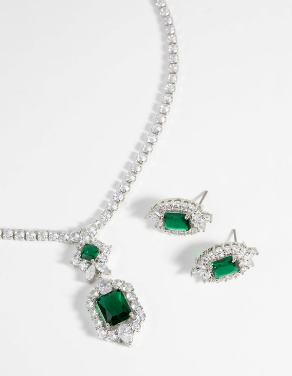 Vintage Emerald Diamond Simulant Necklace & Earrings Set