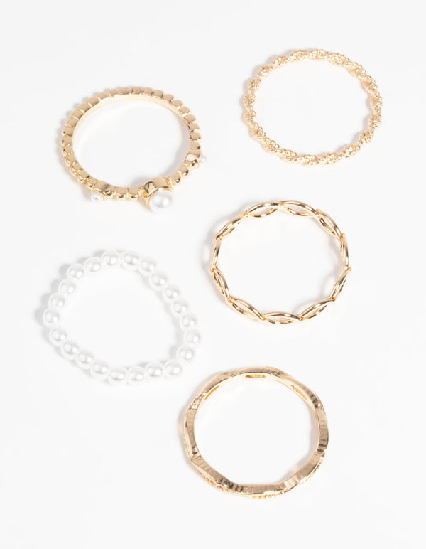 Gold Pearl & Twist Ring 5-Pack