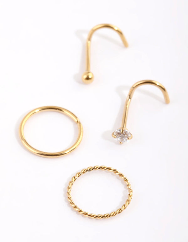 Gold Plated Surgical Steel Diamante Twisted Nose Ring 4-Pack