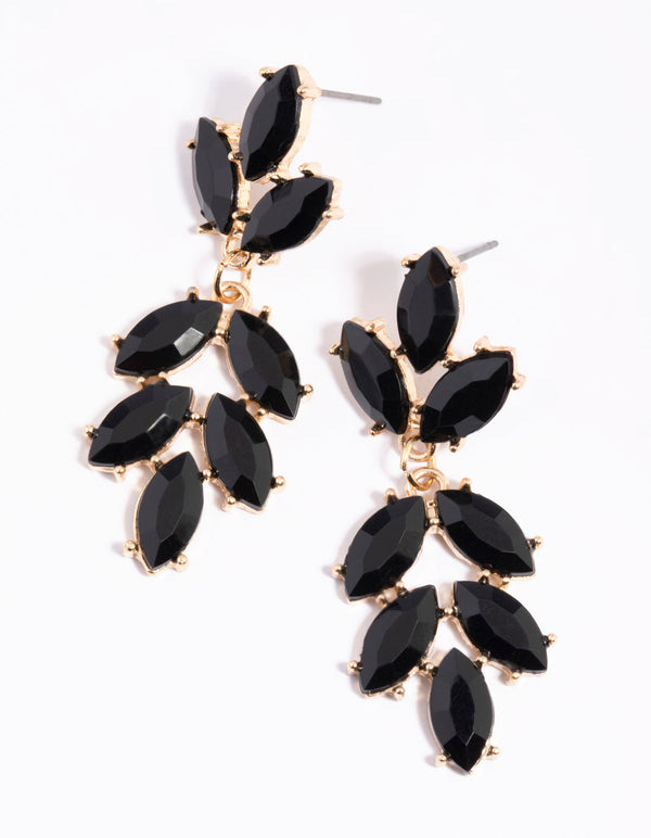 Black Stone & Leaf Drop Earrings