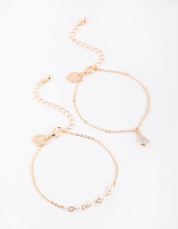 Gold Pearl & Teardrop Diamante Bracelet Set