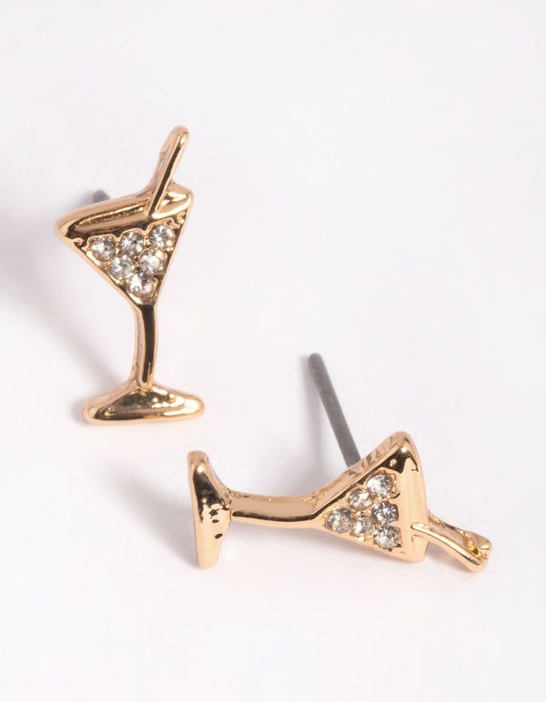 Gold Diamante Martini Stud Earrings