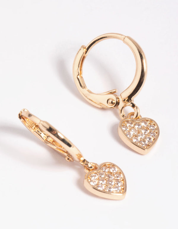 Gold Cubic Zirconia Heart Charm Huggie Hoop Earrings