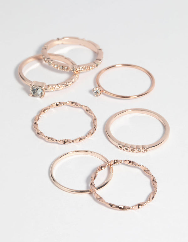 Rose Gold Plated Diamante Ring 7-Pack