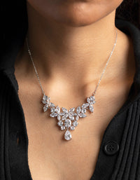 Rhodium Cubic Zirconia Floral Statement Necklace - link has visual effect only