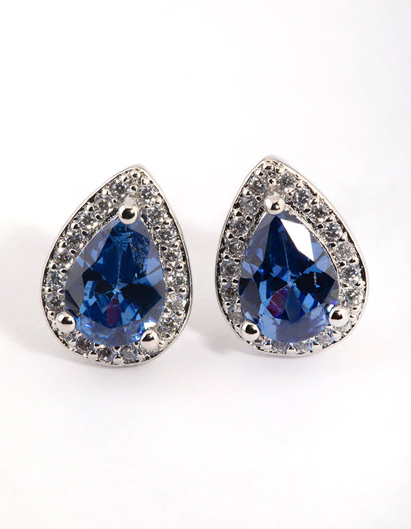 Blue Cubic Zirconia Pear Halo Stud Earrings