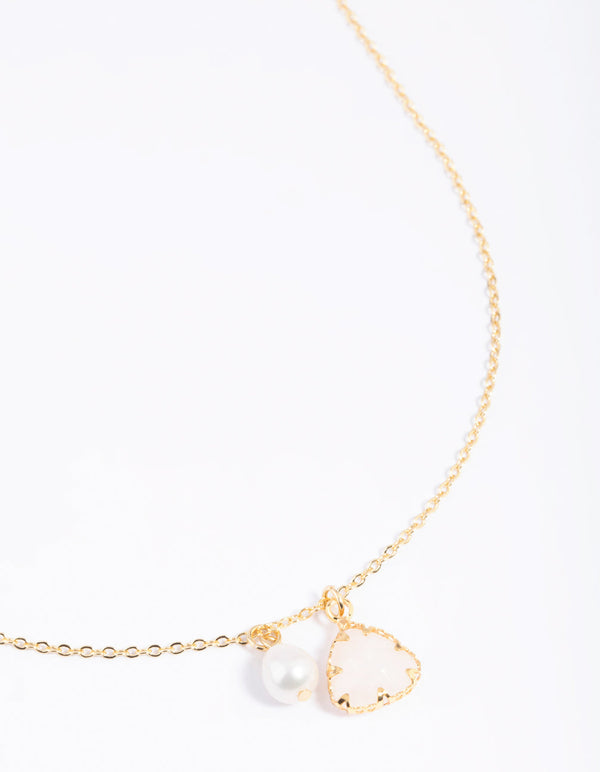 Gold Plated Freshwater Pearl & Rose Quartz Charm Necklace