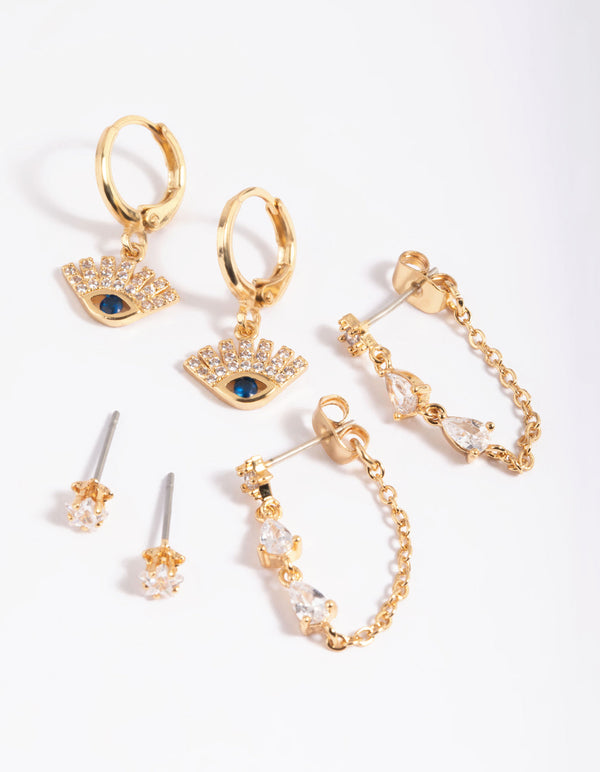 Gold Plated Cubic Zirconia Evil Eye Earring Stack 6-Pack
