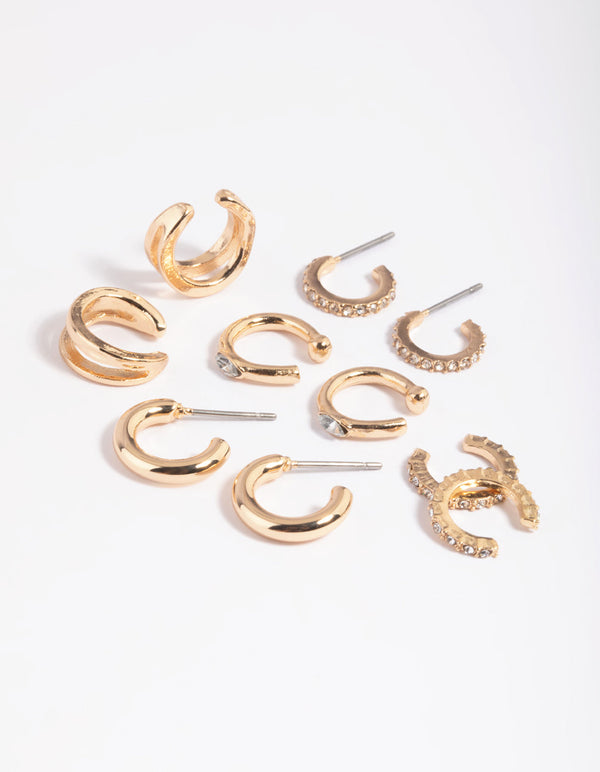 Gold Diamante Cuff & Huggie Earring Stack 5-Pack