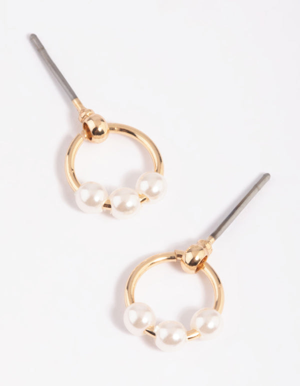 Gold Pearl Circular Stud Earrings