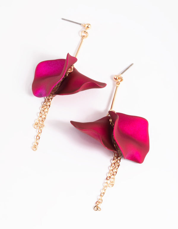 Fuchsia Petal & Chain Drop Earrings