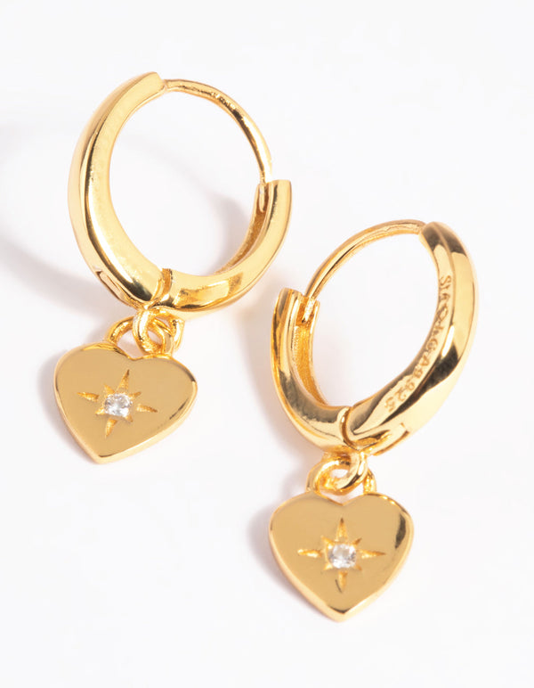 Gold Plated Sterling Silver Heart Diamante Huggie Hoop Earrings