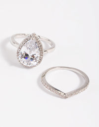 Rhodium Cubic Zirconia Pear Halo Ring Stack Pack - link has visual effect only