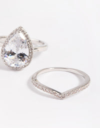Rhodium Cubic Zirconia Pear Halo Ring Stack Pack - link has visual effect only