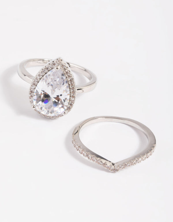 Rhodium Cubic Zirconia Pear Halo Ring Stack Pack