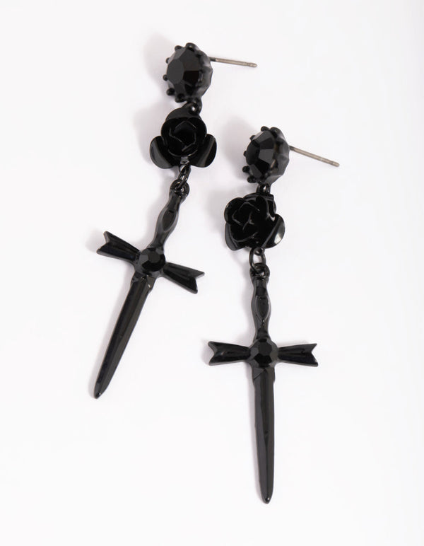 Matte Black Rose & Sword Drop Earrings