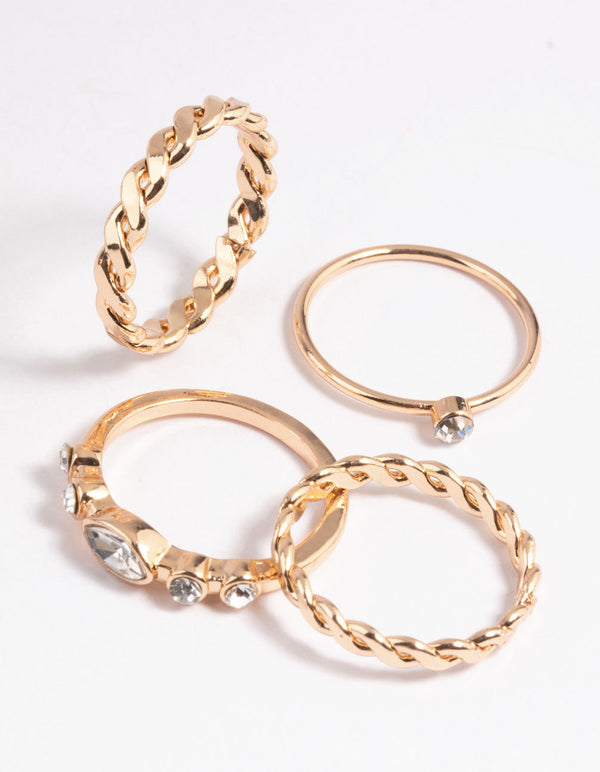 Gold Diamante Twisted Ring Stack 4-Pack