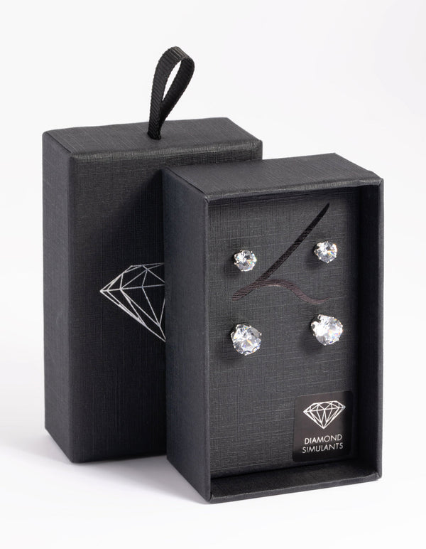Silver Diamond Simulant Classic Stud Earring Set