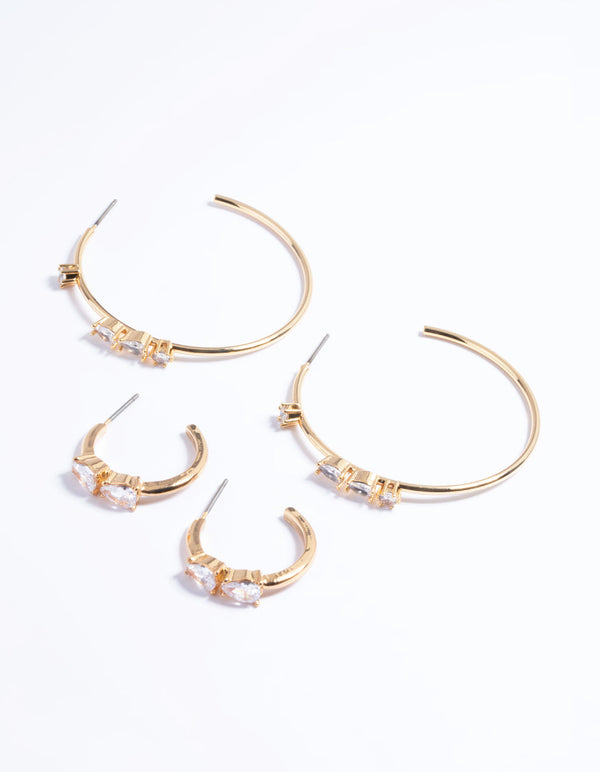 Gold Plated Cubic Zirconia Teardrop 2 Size Hoop Earrings