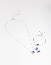 Rhodium Diamond Simulant Square Halo Earring, Necklace & Bracelet Set - link has visual effect only