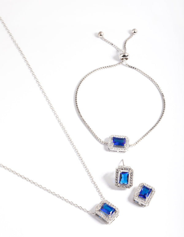 Rhodium Diamond Simulant Square Halo Earring, Necklace & Bracelet Set