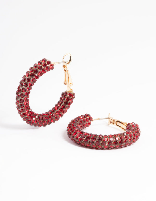 Red Diamante 20mm Sparkle Hoop Earrings
