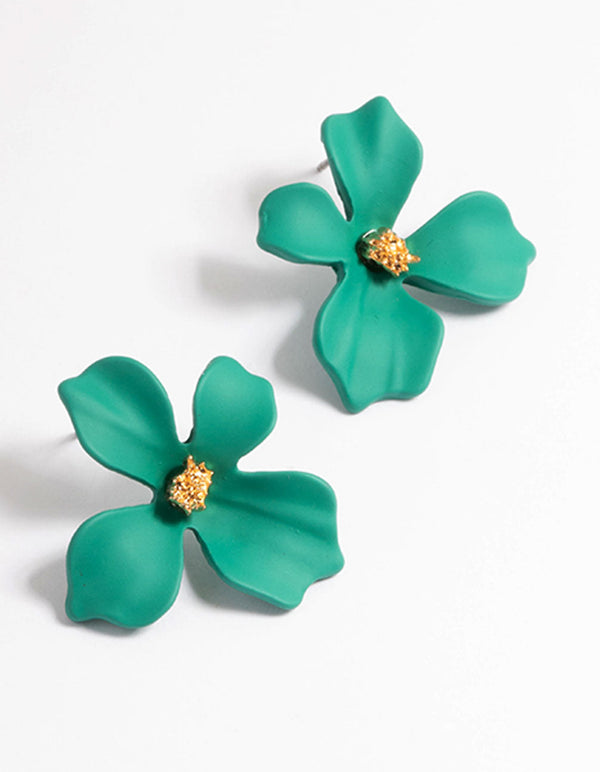 Green Matte Flower Stud Earrings