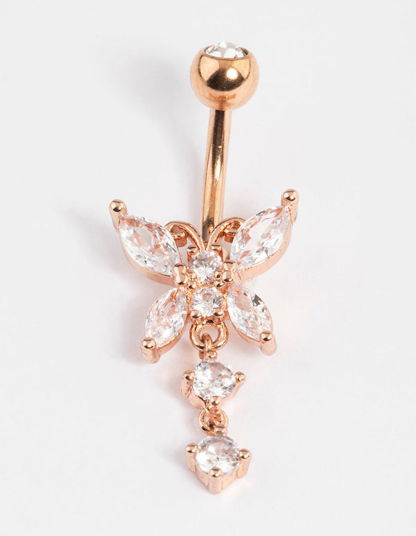 Rose Gold Plated Surgical Steel Butterfly Crystal Belly Ring