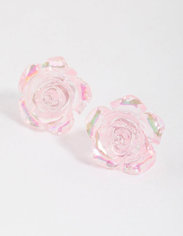Plastic Pink Rose Bloom Stud Earrings