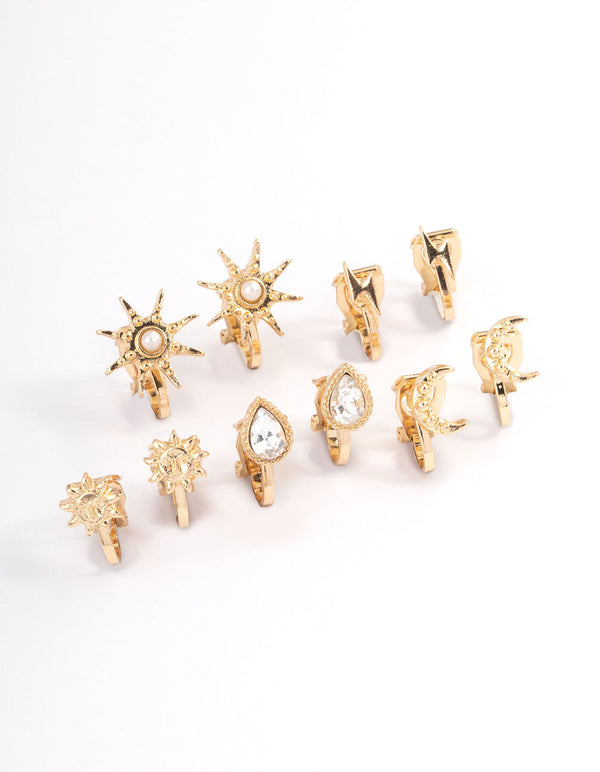 Gold Mix Celestial Clip On Earrings 5-Pack