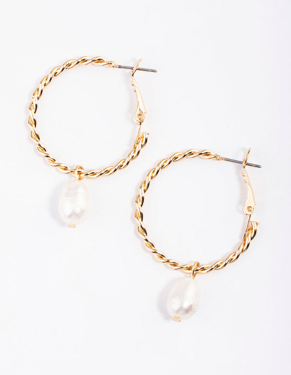 Gold Freshwater Pearl Twisted Hoop Earrings