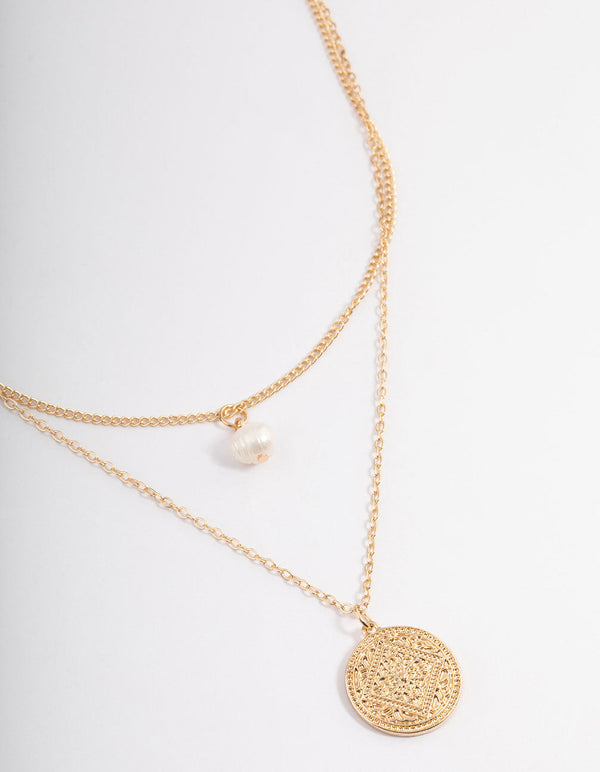 Gold Freshwater Pearl & Ornate Disc Necklace