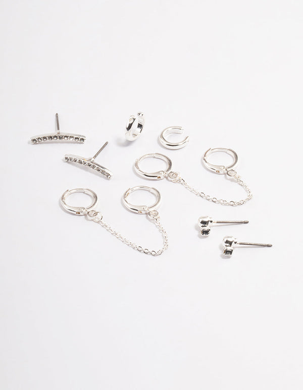 Silver Diamante Huggie Chain Earrings 5-Pack