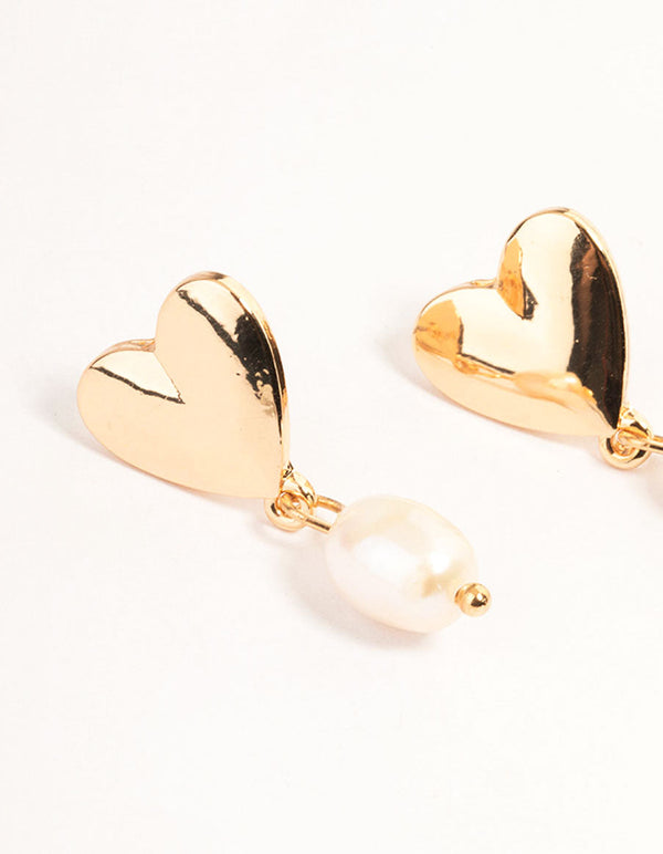 Gold Heart & Pearl Drop Earrings