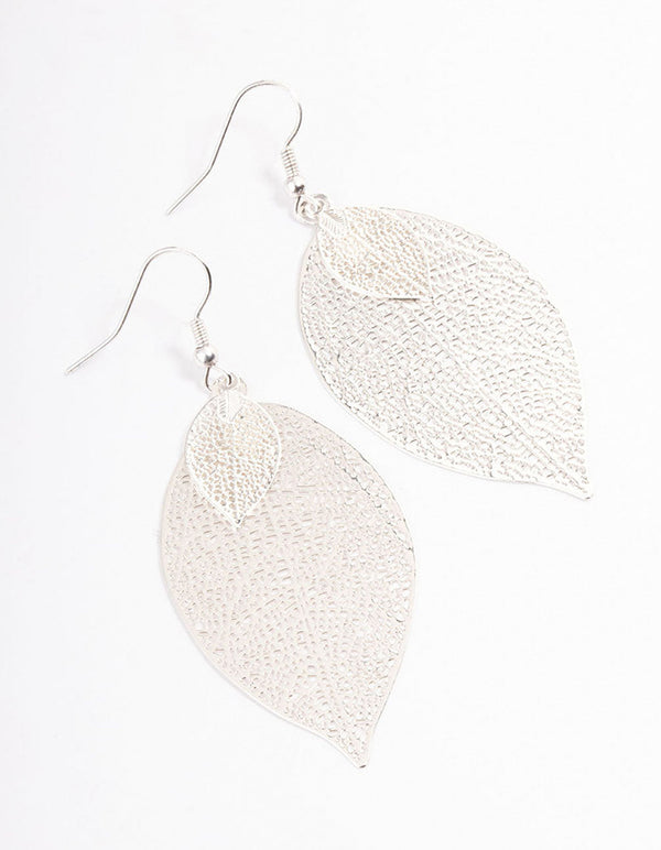Silver Double Leaf Drop Earrings